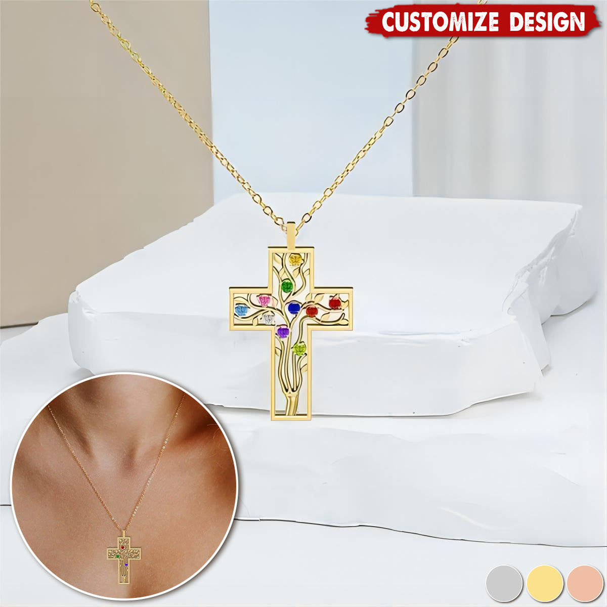 Personalized Cross 2-10 Birthstones Family Tree Necklace