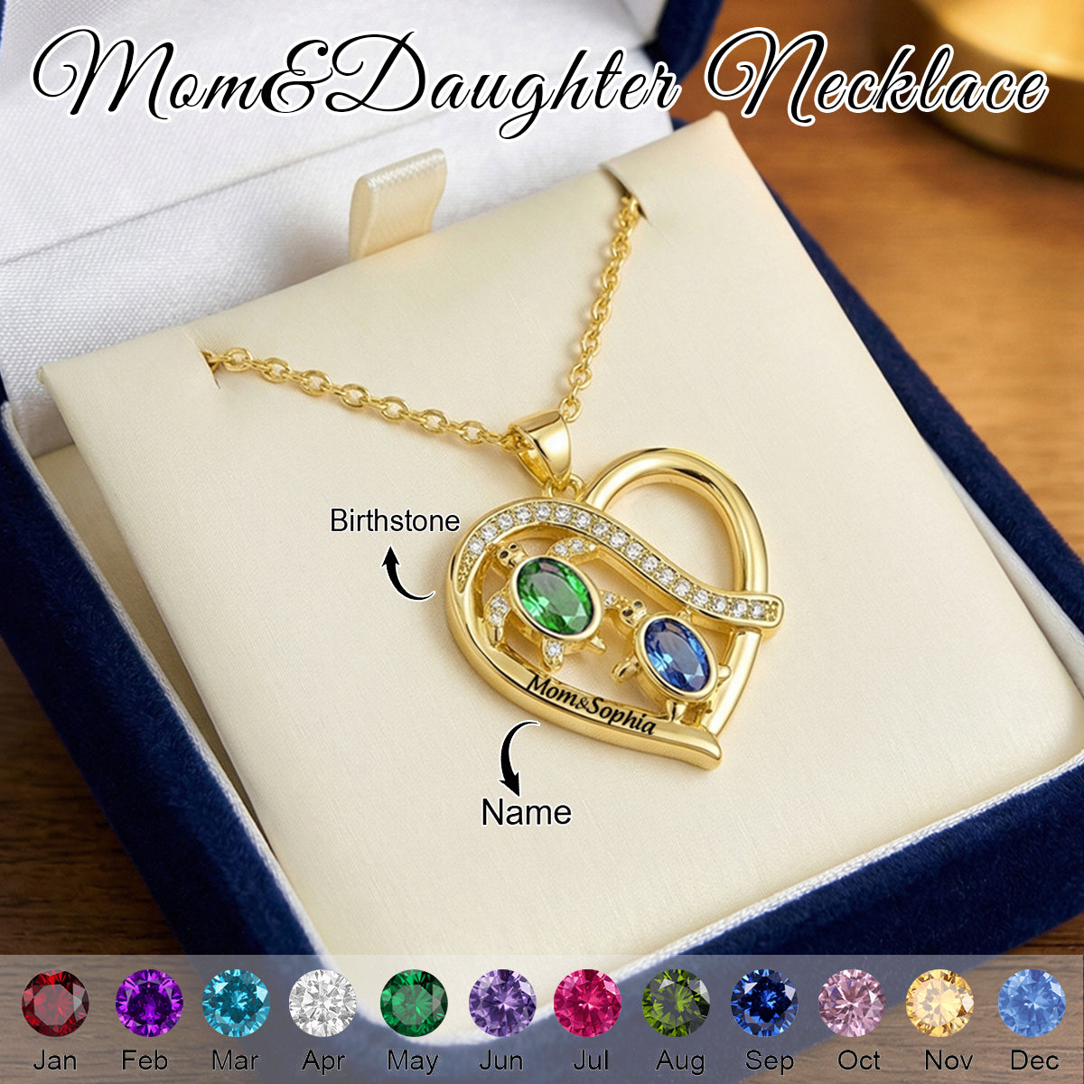 Personalized Mom&Daughter Sea Turtle Birthstone Name Heart Necklace - Gift For Mom Daughter
