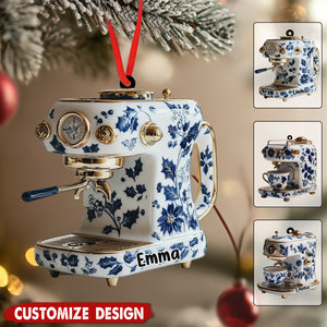 Personalized Unique Blue White Espresso Machine Christmas Ornament  - Gift For Coffee Maker And Floral Barista