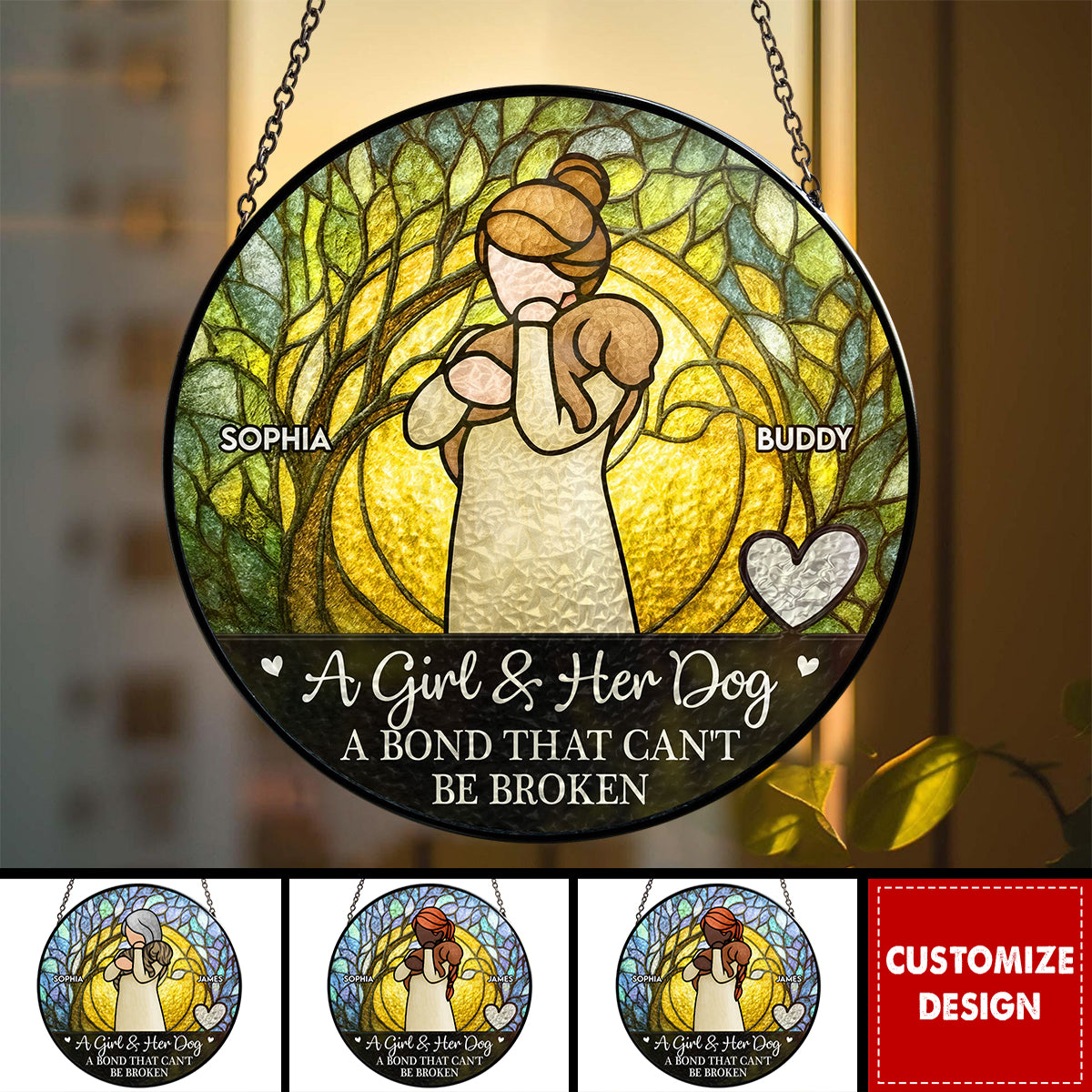 Girl & Dog A Bond Can't Be Broken - Personalized Stained Glass Window Hanging Suncatcher
