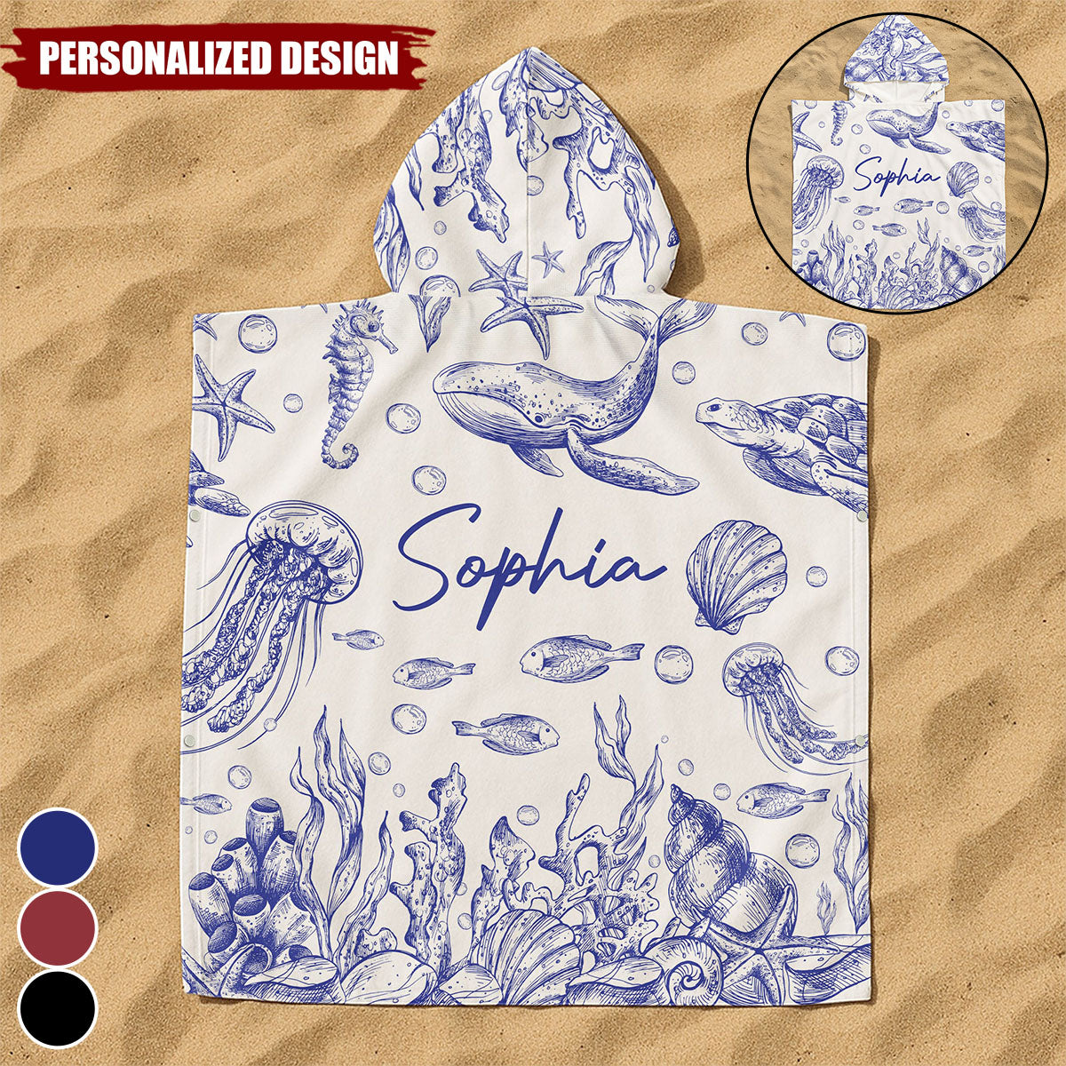 Under The Sea Toile De Jouy-Personalized Kids Hooded Towel