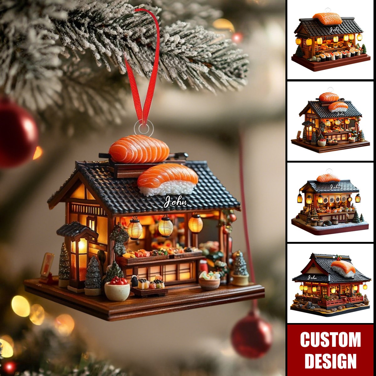 Custom Japanese Sushi Shop Christmas Ornament, Miniature Holiday Market With Salmon & Bowls