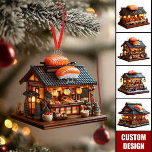 Custom Japanese Sushi Shop Christmas Ornament, Miniature Holiday Market With Salmon & Bowls