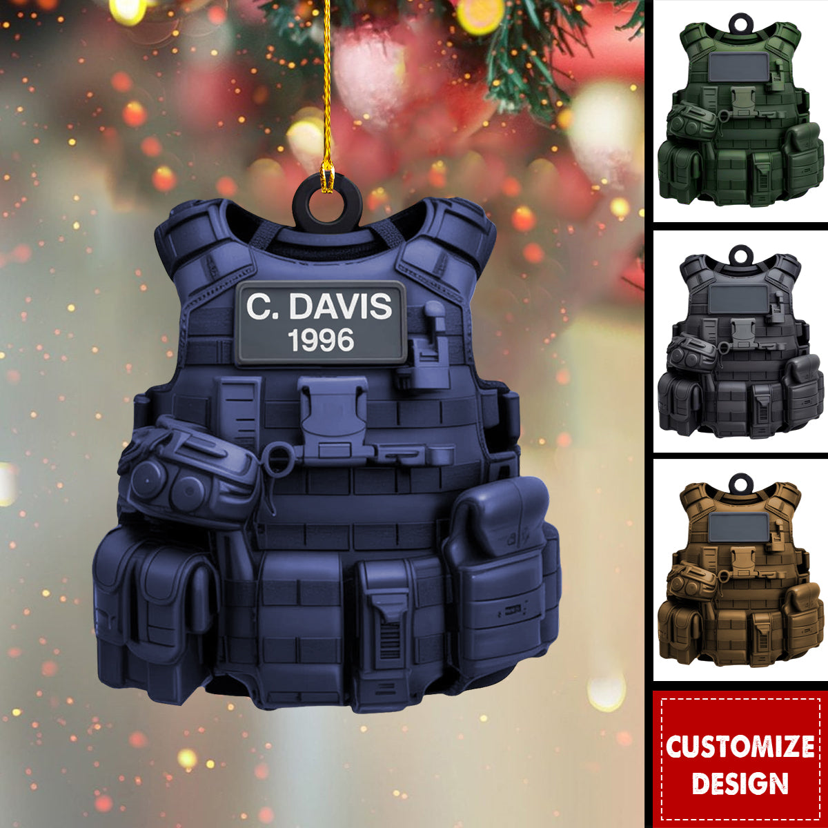 Personalized Tactical Vest Ornament with Name & Number – Custom Christmas Tree Decoration – Gift for Military, Police, Security Forces
