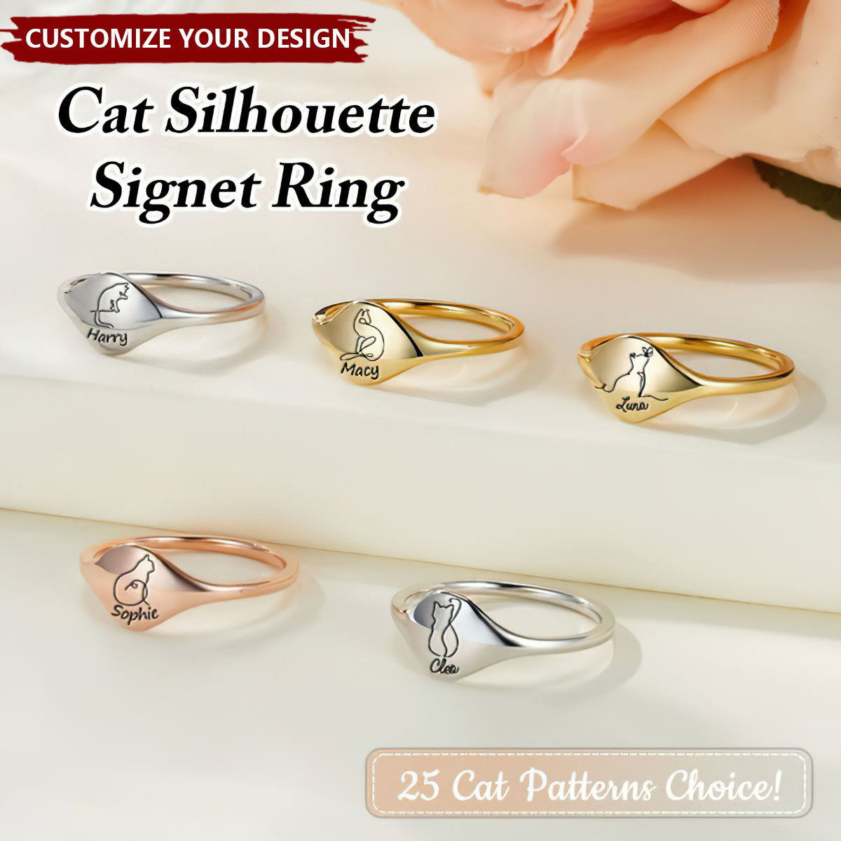 Personalized Cute Engraved Cat Silhouette Ring with Name Dainty Jewelry Anniversary Birthday Memorial Gift for Cat Lover