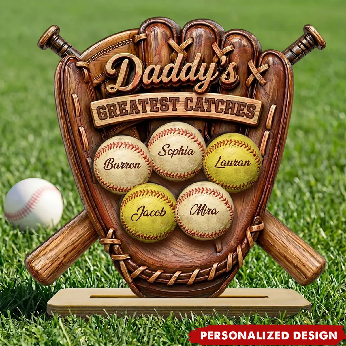 Daddy's Greatest Catches Baseball Softball-Personalized Wooden Plaque-Father's Day Gift for Husband, Dad