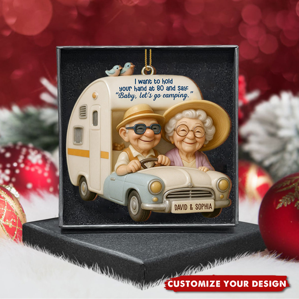 Hold Your Hand At 80, Baby Let’s Go Camping, Persoanlized Wood Ornament, Gift For Elderly Couples