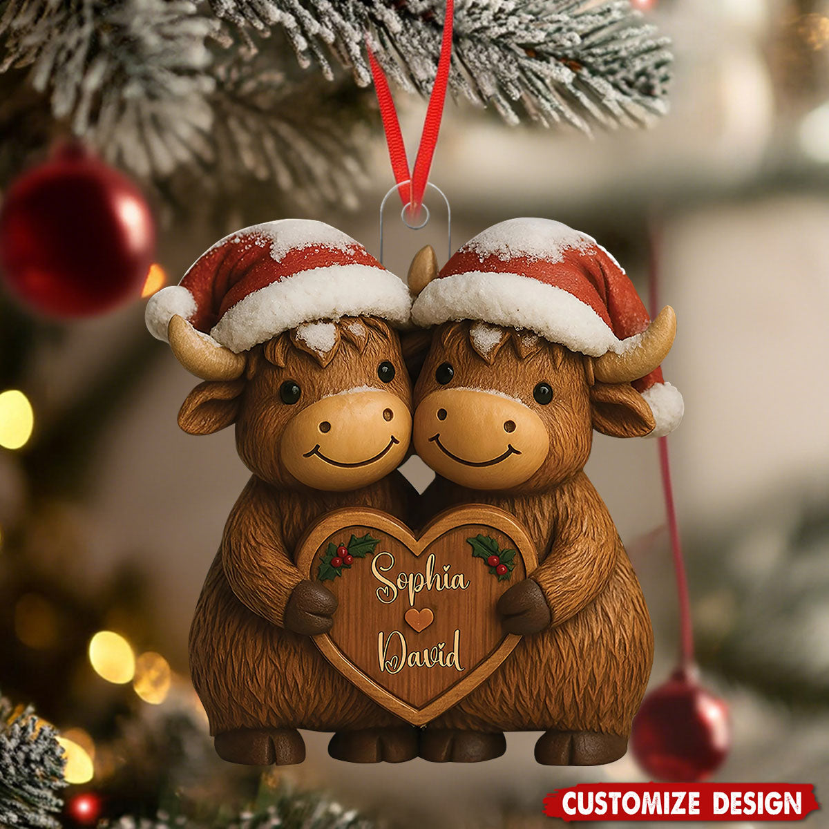 Custom Christmas Highland Cow Couple Ornament, Custom Name Highland Cow Couple Ornament, Growing Old Together Since Year, Christmas Gift