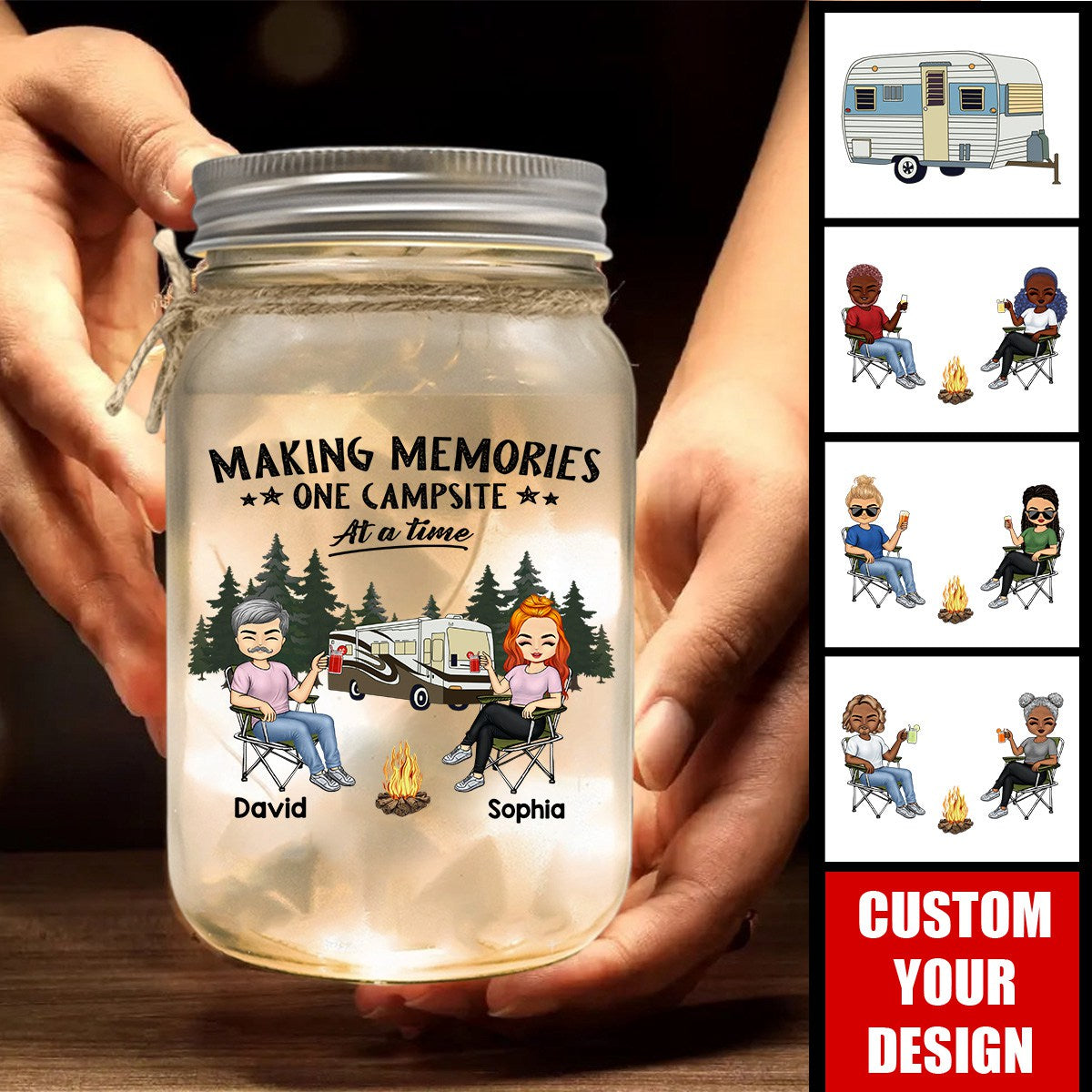 Camping Partners For Life Doll Couple Sitting-Personalized RV Mason Jar Light-Gift For Camping Lovers