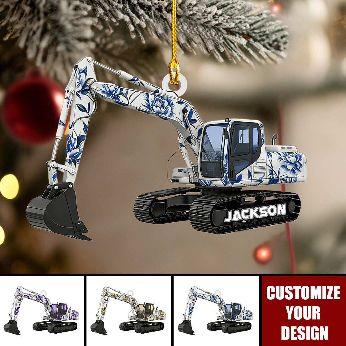 Personalized Excavator Toile De Jouy Christmas Ornament, Construction Truck Holiday Home Decor