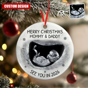 Custom Photo Baby Expecting See You In 2026 - Personalized Circle Ceramic Ornament