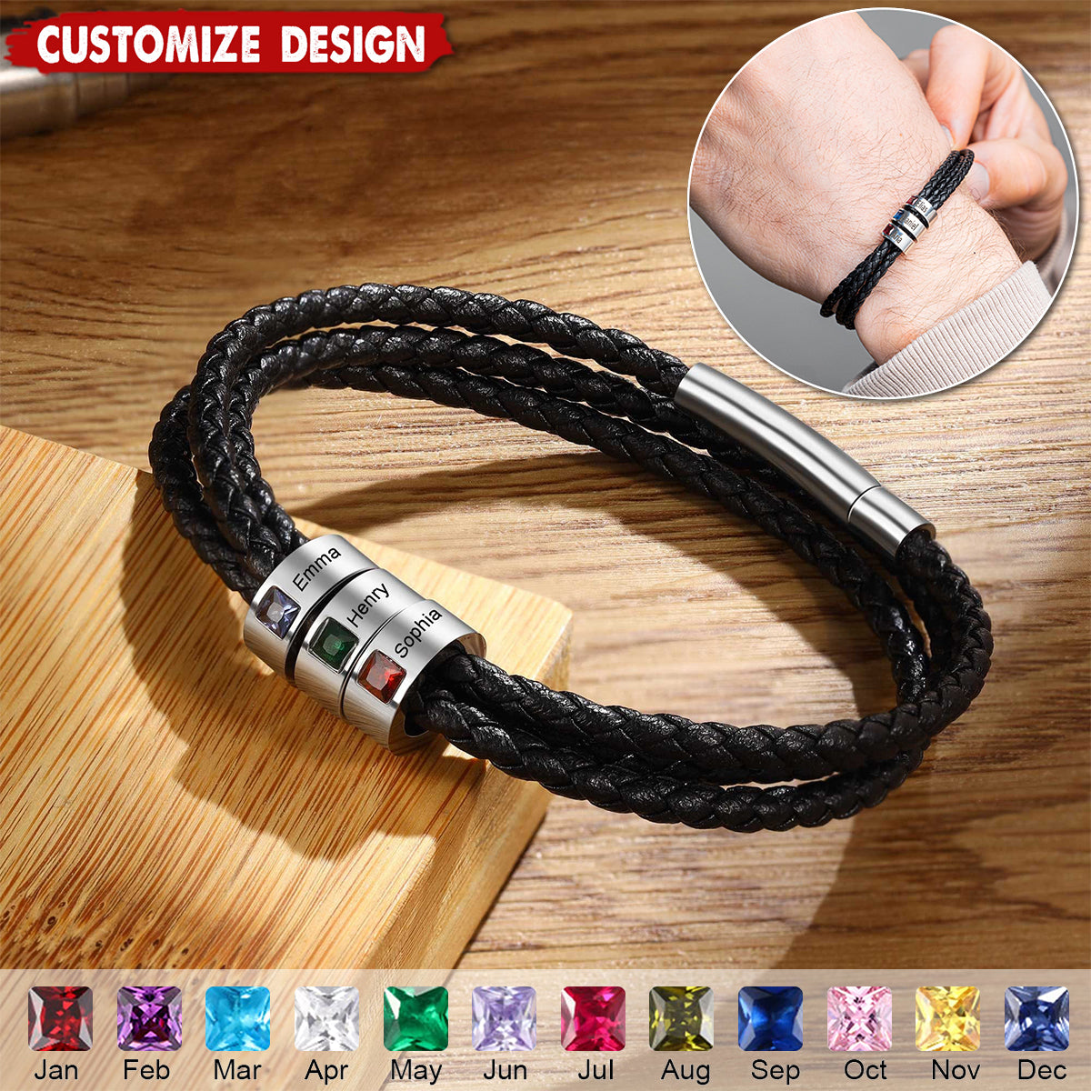 Personalized Mens Braid Bracelet with 1-8 Engraved Beads Family Names-Gifts for Men Father's day