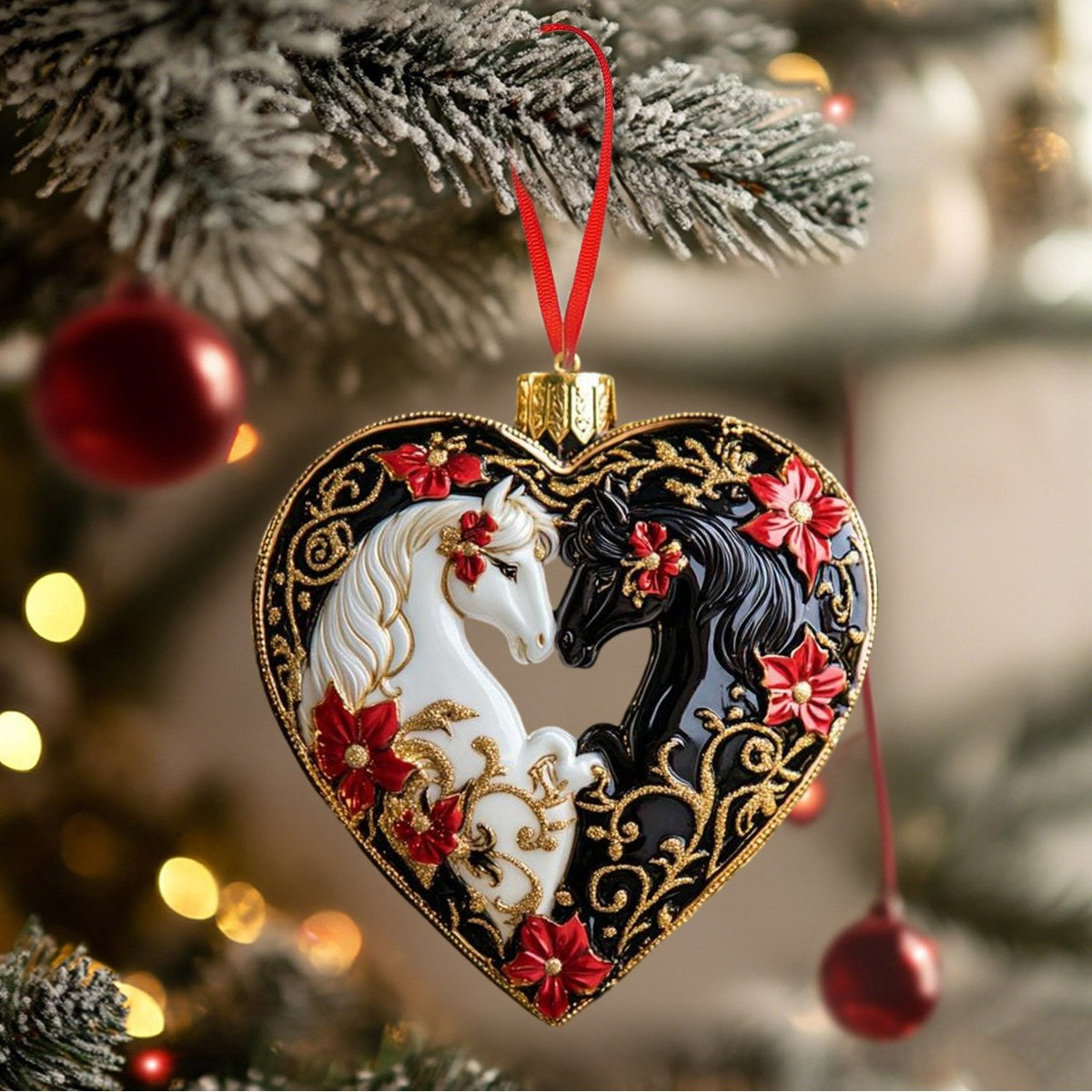 Black and White Horse Heart Cristmas Ornament - Gift for Horse Lovers