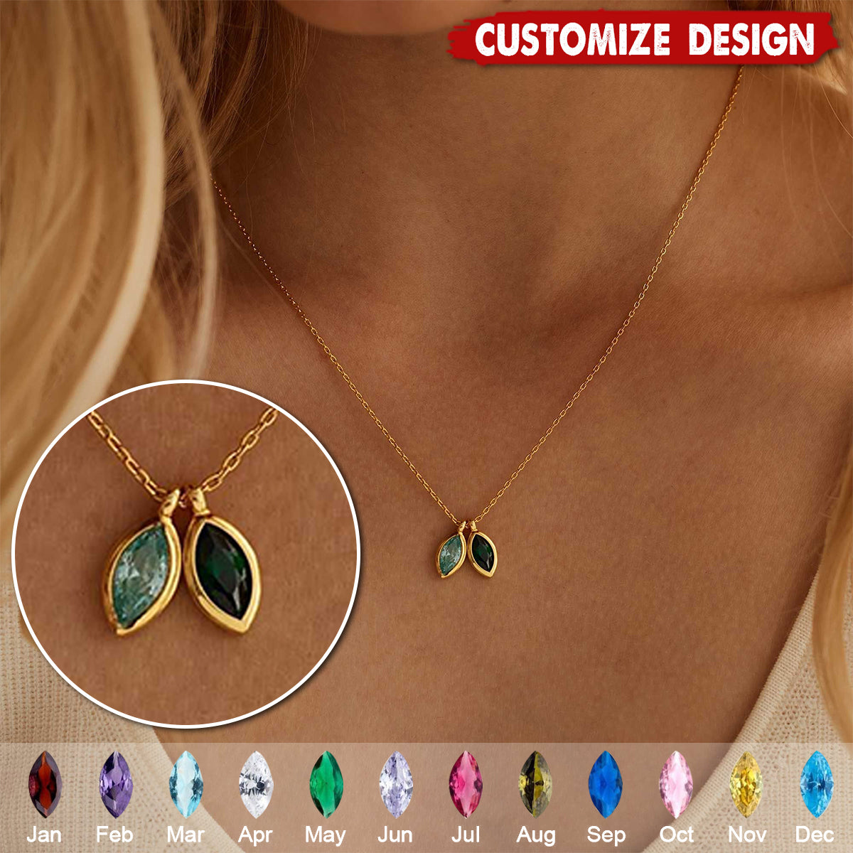 Personalized Leaf Birthstone Necklace - Gift For Mom Grandma