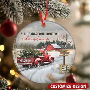 Personalized Red Truck And Snow Christmas Ornament - Gift For Family