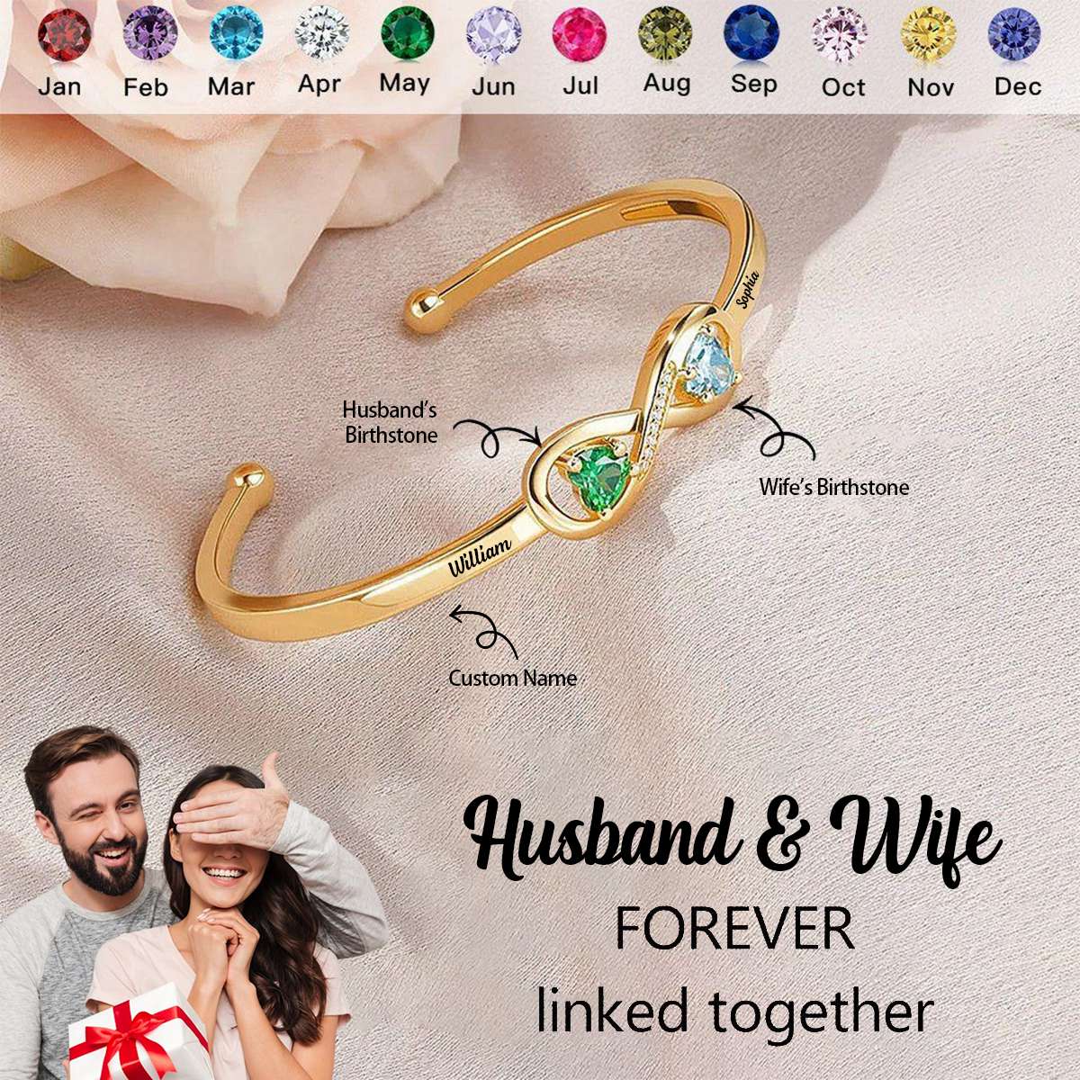 Personalized Husband & Wife Infinity Dual Birthstone Bracelet