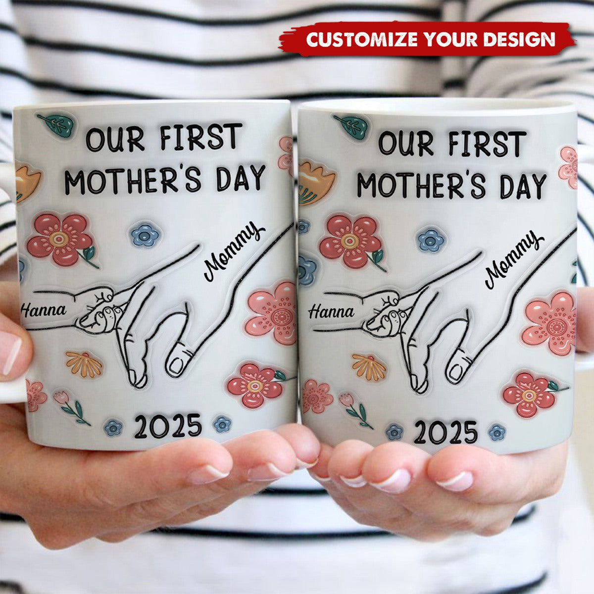 Our First Mother's Day 3D Inflated Baby Holding Mum Hand Personalized Mug