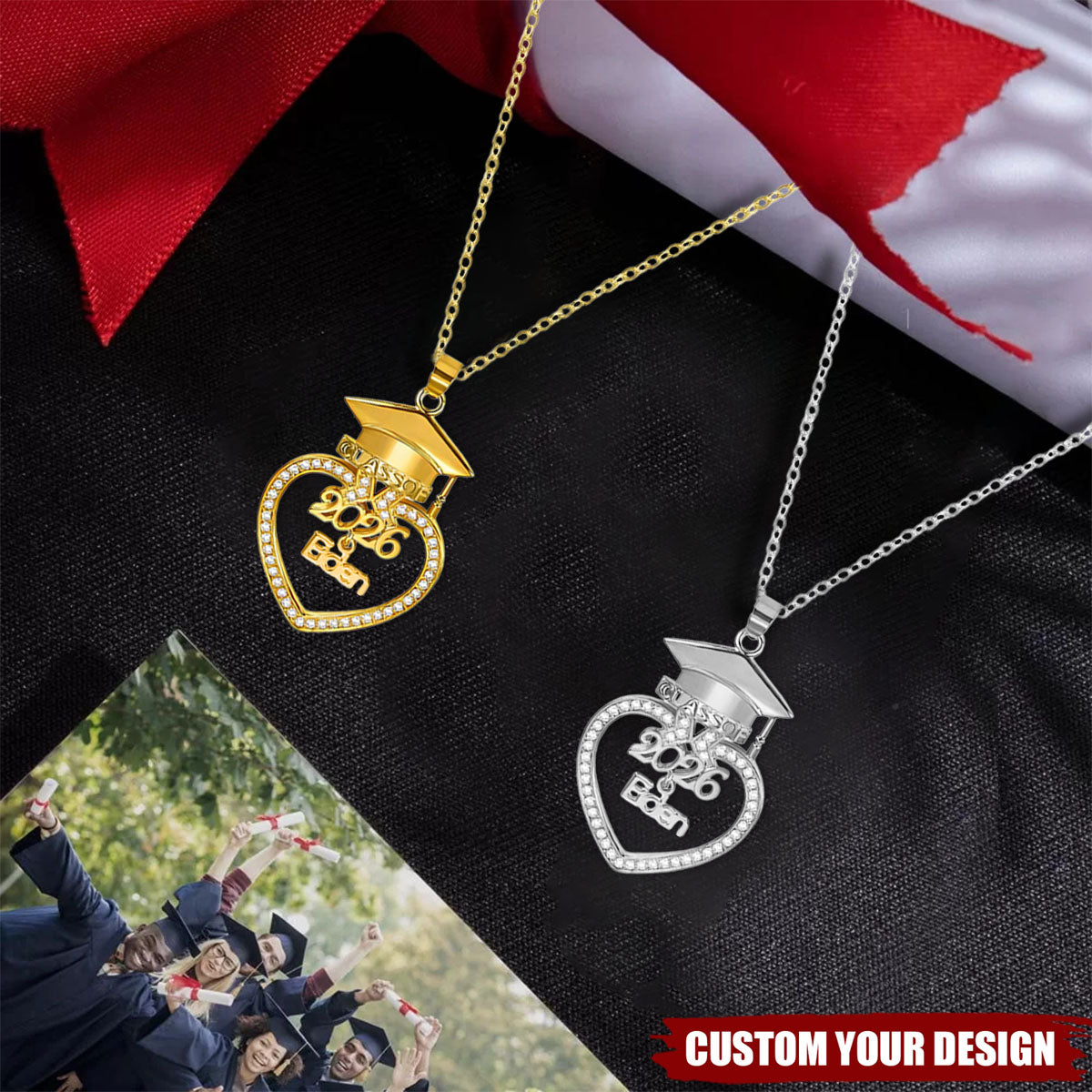 Personalized Graduation Cap Heart Necklace Bracelet with Name Class of 2026 Graduation Gift for Her