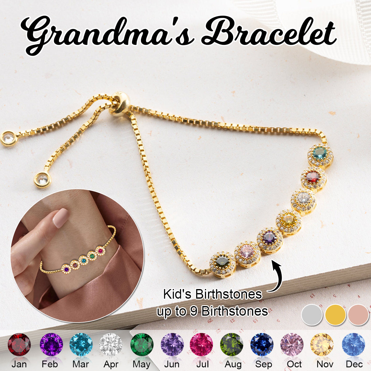 Personalized Adjustable Family Birthstone Bracelet-Gift For Mom/Grandma
