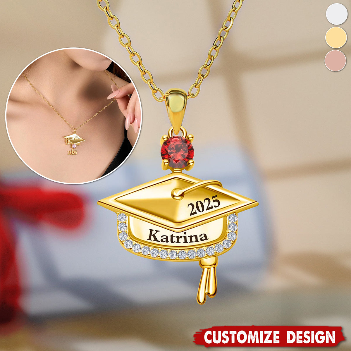 Personalized Graduation Cap Pendant Necklace With Birthstone-Graduation Gift
