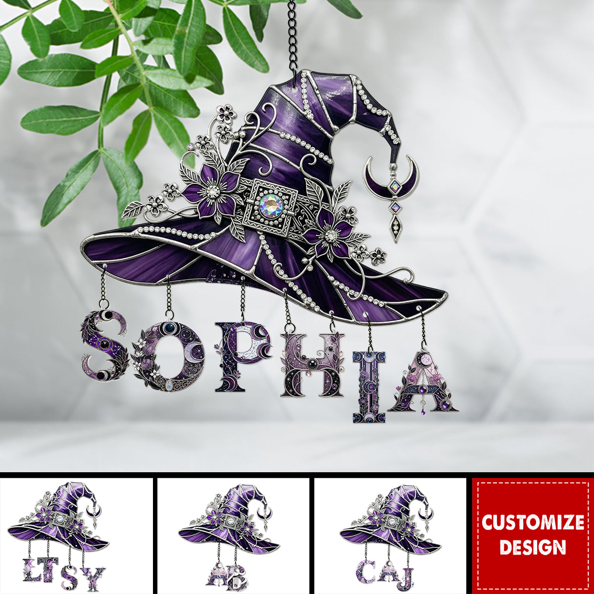 Floral With Hat - Personalized Witch Window Hanging Suncatcher With Custom Charms