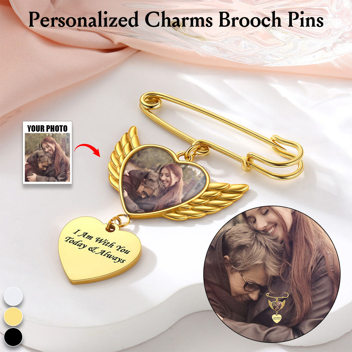 Personalized Angel Wing Wedding Bouquet Heart Picture Charms Brooch Pins