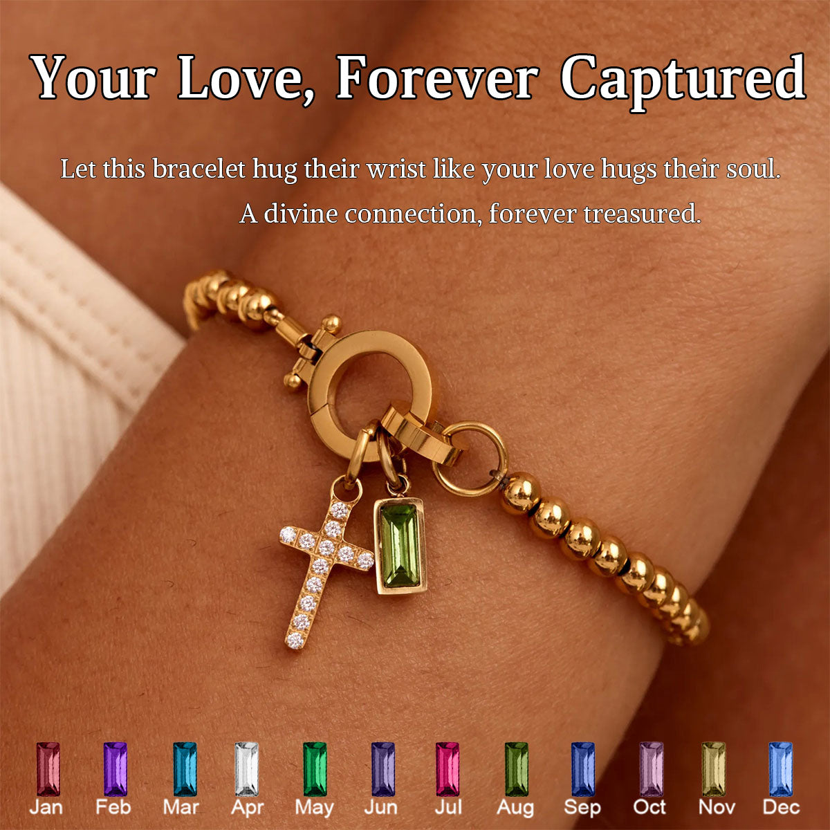 BEADED BIRTHSTONE CROSS CHARM BRACELET