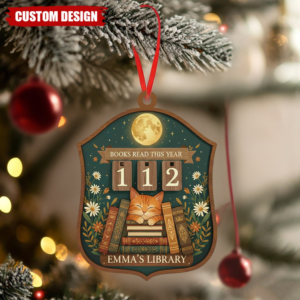 Personalized Cat Reading Christmas Ornament, Gift for Book Lovers and Readers