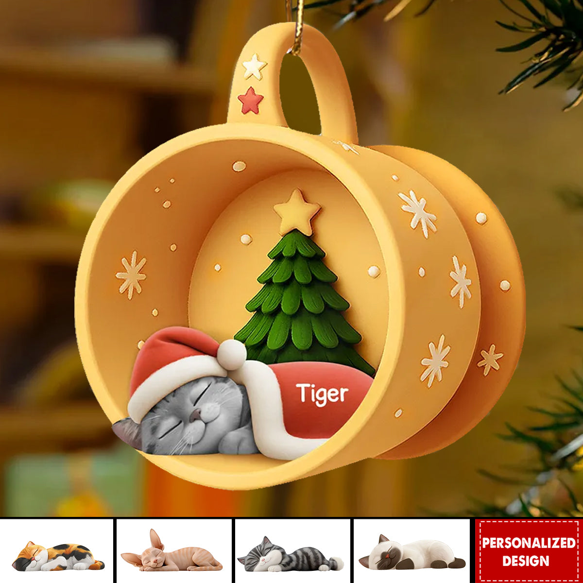 Christmas Sleeping Cats In Cozy Mug-Personalized Acrylic Ornament