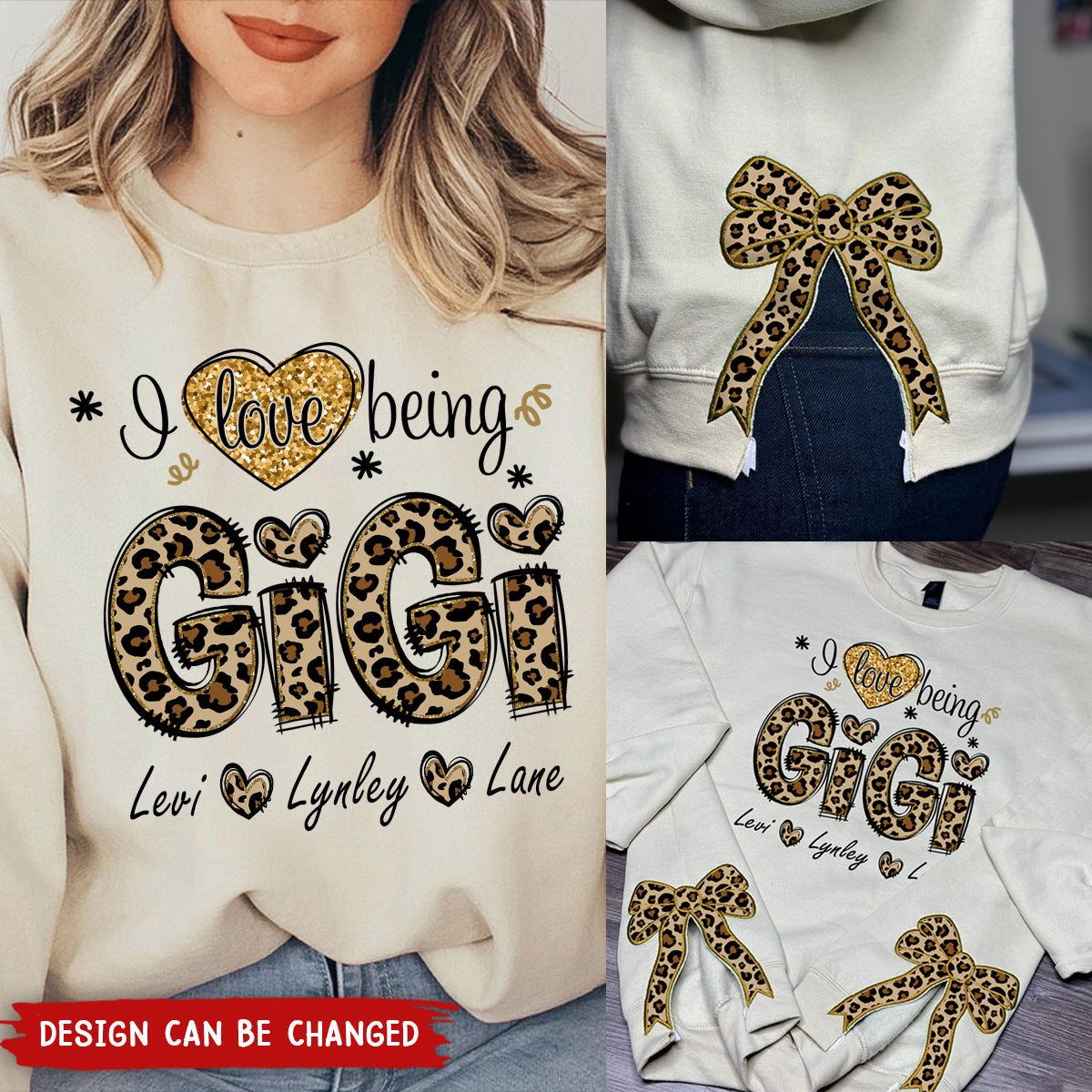 I Love Being Mimi Leopard Christmas Bow Embellished Sweatshirt - Custom Side Bow Cut-Out Sweatshirt