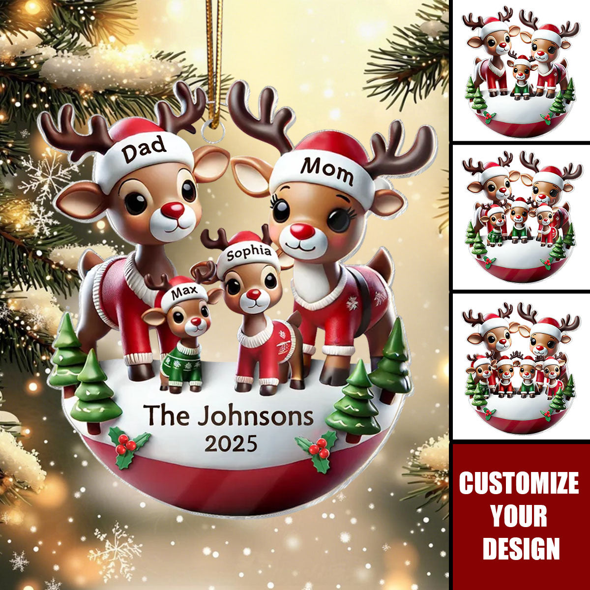 Reindeer Family 3D Effect Cute Christmas Decor Personalized Acrylic Ornament