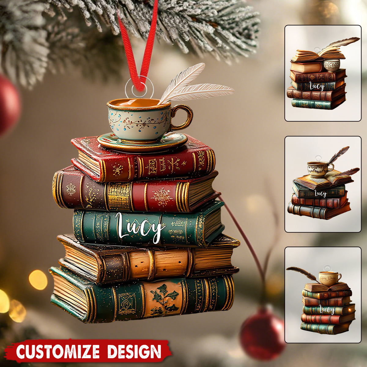 Personalized Vintage Book Stack Light Bauble Christmas Ornament - Gift For Book Lover