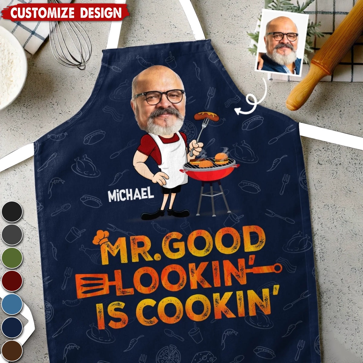 Custom Photo Mr. Good Looking Is Cooking - Family Personalized Apron - Father's Day, Gift For Dad, Grandpa