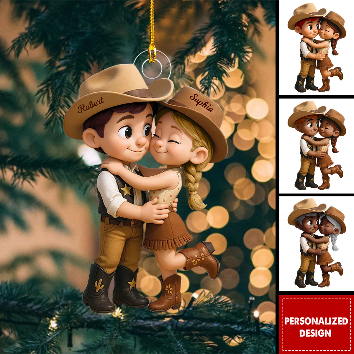 Cartoon Style Countryside Couple Cowboy Cowgirl Personalized Christmas Ornament