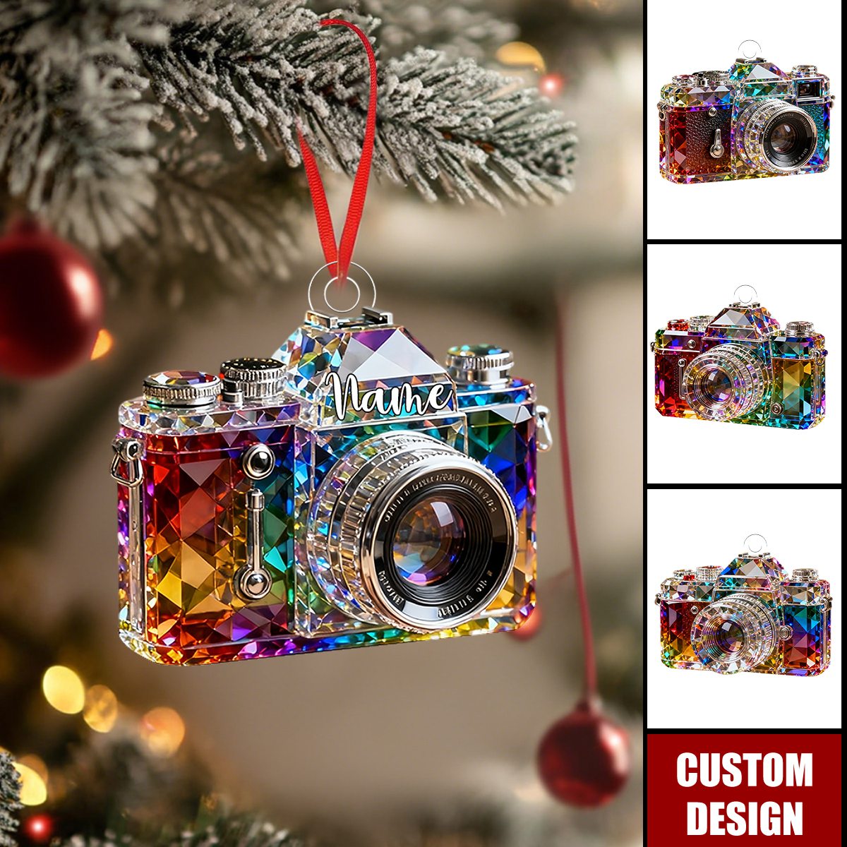 Personalized camera-themed colorful crystal ornaments