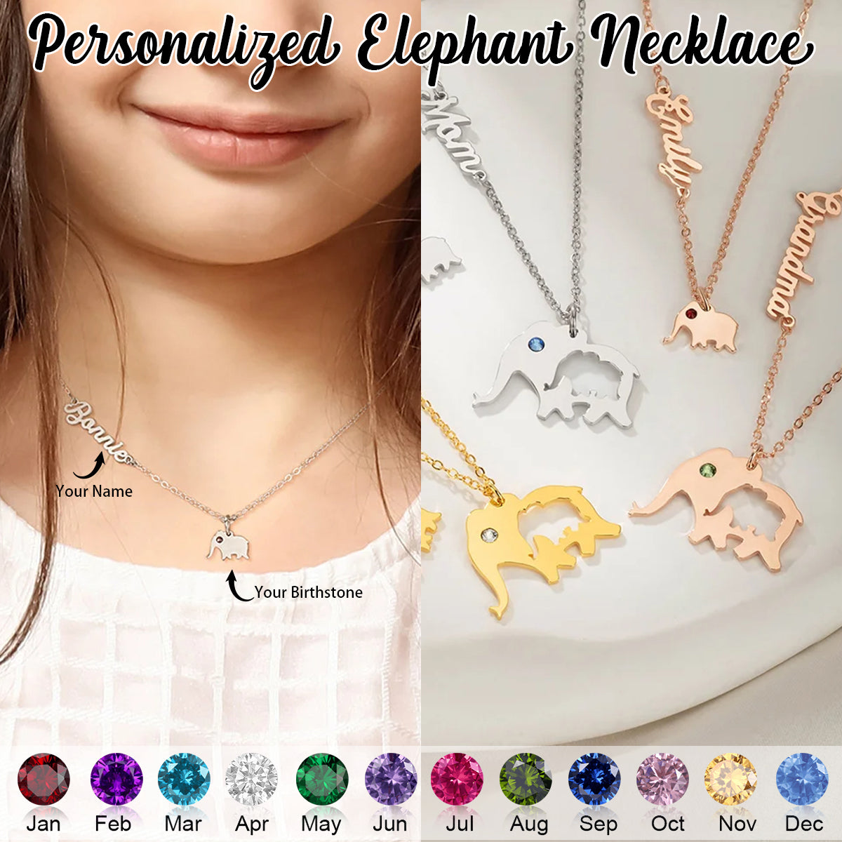 Personalized Elephant Necklace-Gift for Her