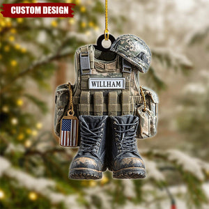 Military Uniform Ornament, Boots & Helmet Personalized Flat Ornament, Custom Veteran Ornament, Military Xmas Gift For Dad, 2D Flat Ornament