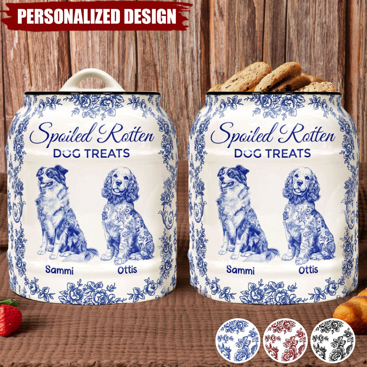 Spoiled Rotten Dog Treats Floral Toile De Jouy Chinoiserie-Personalized Cookie Jar
