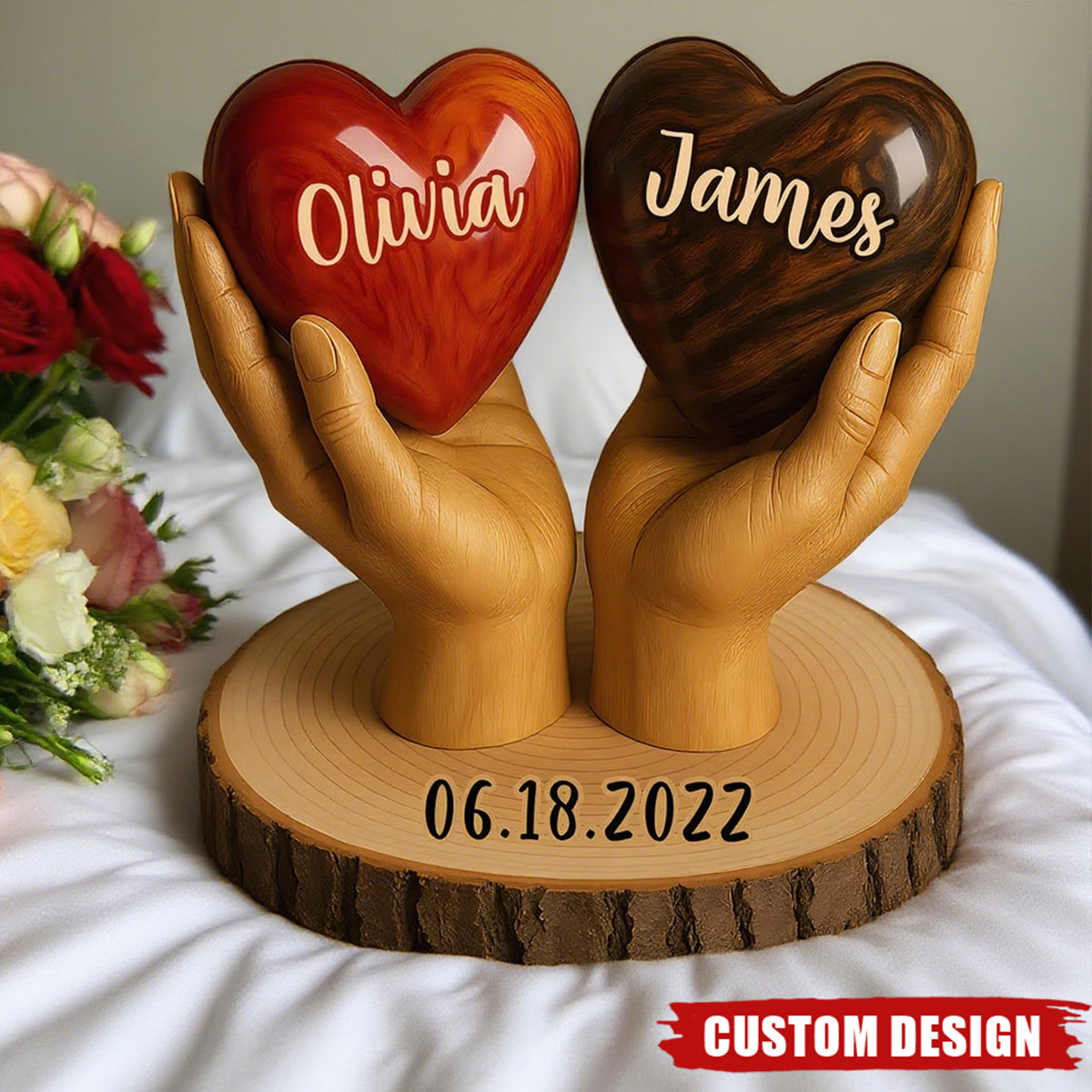 Two Hearts One Love - Personalized Couple Shaped Wood Plaque