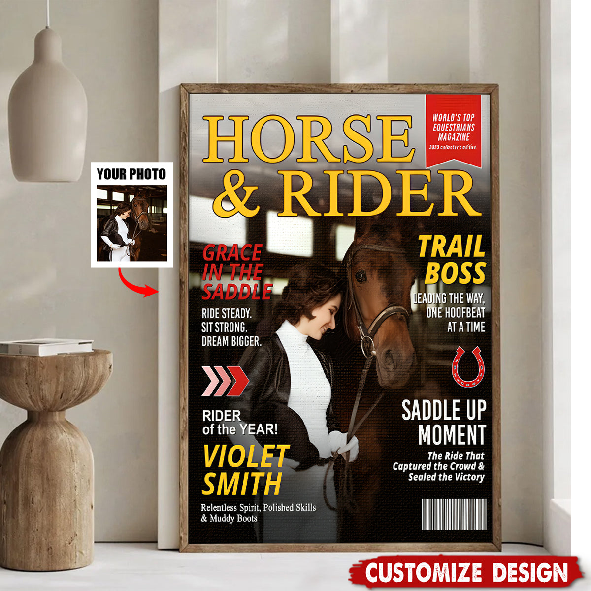 Personalized Horse and Rider Magazine Cover Poster - Equestrian Gift for Horse Lovers