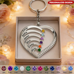 Personalized Family Heart Birthstone Keychain-Gift For Mom Grandma