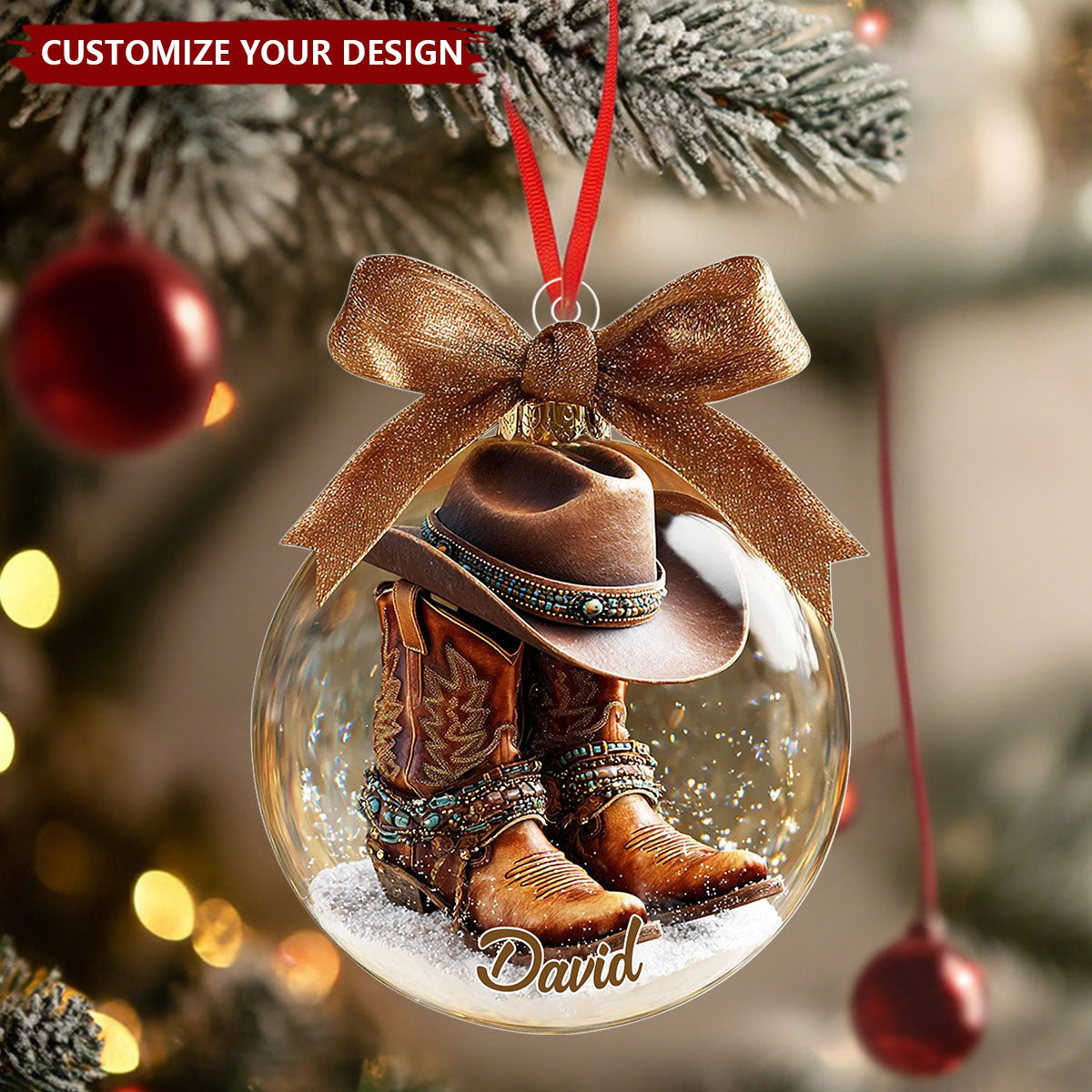 Personalized Cowboy Ornament, Custom Name Western Boots and Hat Ornament