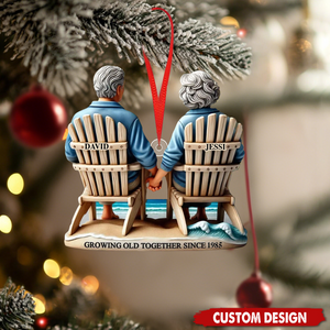 Old Couple Sitting On The Beach Growing Old Together, Personalized Christmas Acrylic Ornament, Gift For Couple 2025