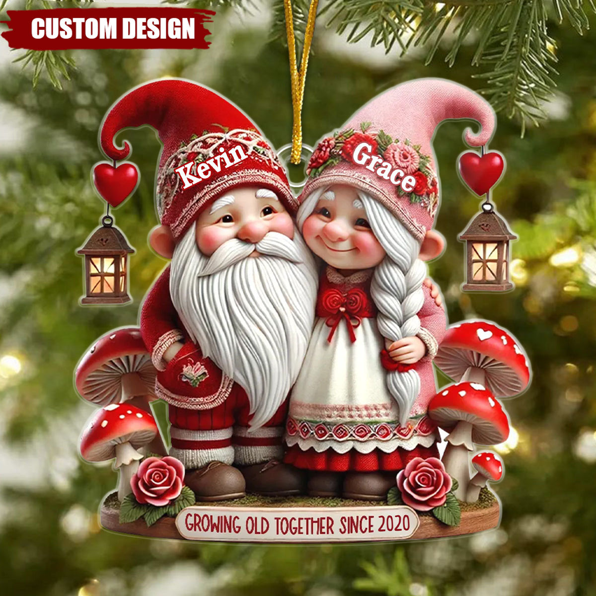 3D Effect Valentine's Dwarf Couple Personalized Christmas Ornament