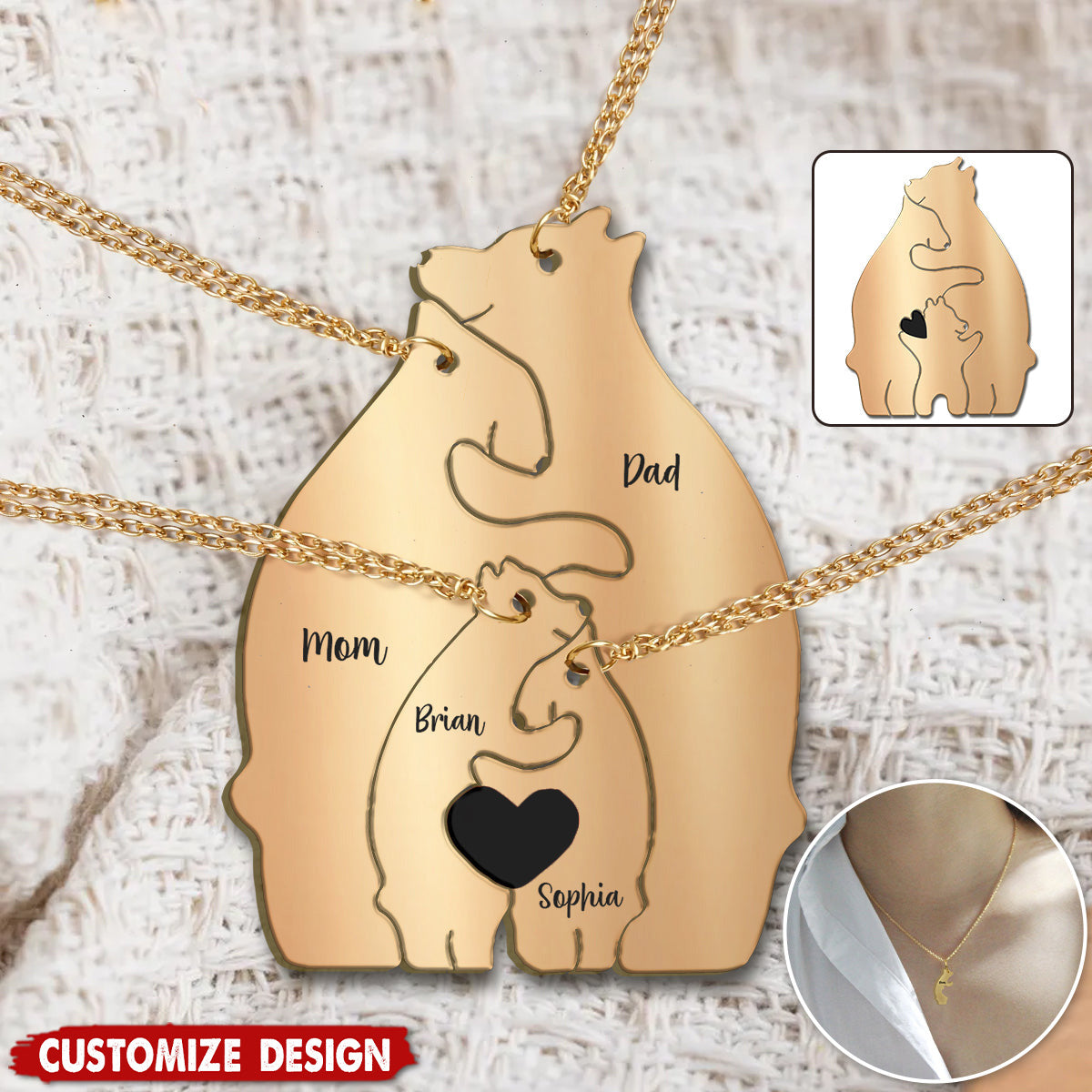 Personalized Family Bear Matching Pendant Necklace