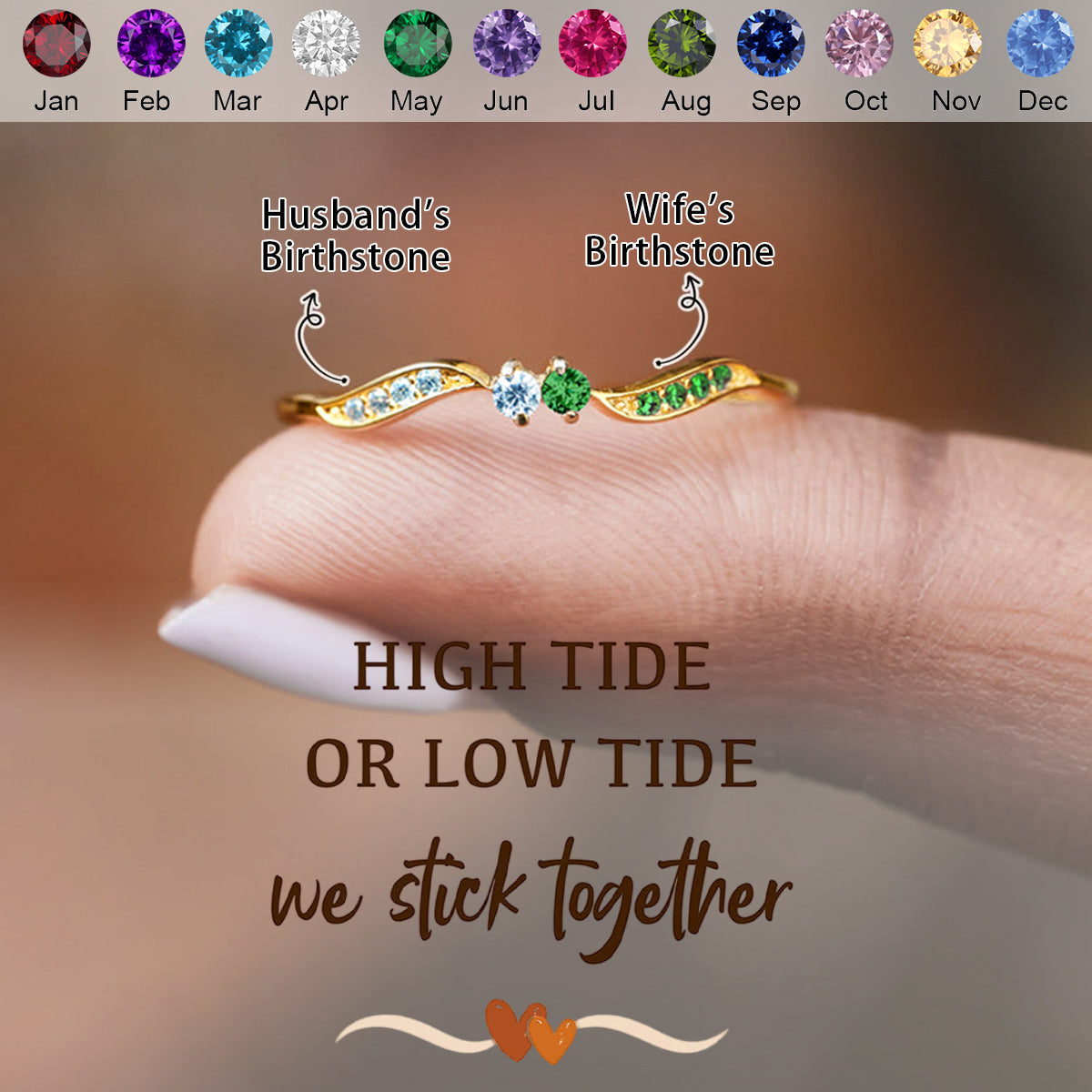 For Love - High Tide Or Low Tide Personalized Double Stone Wavy Ring