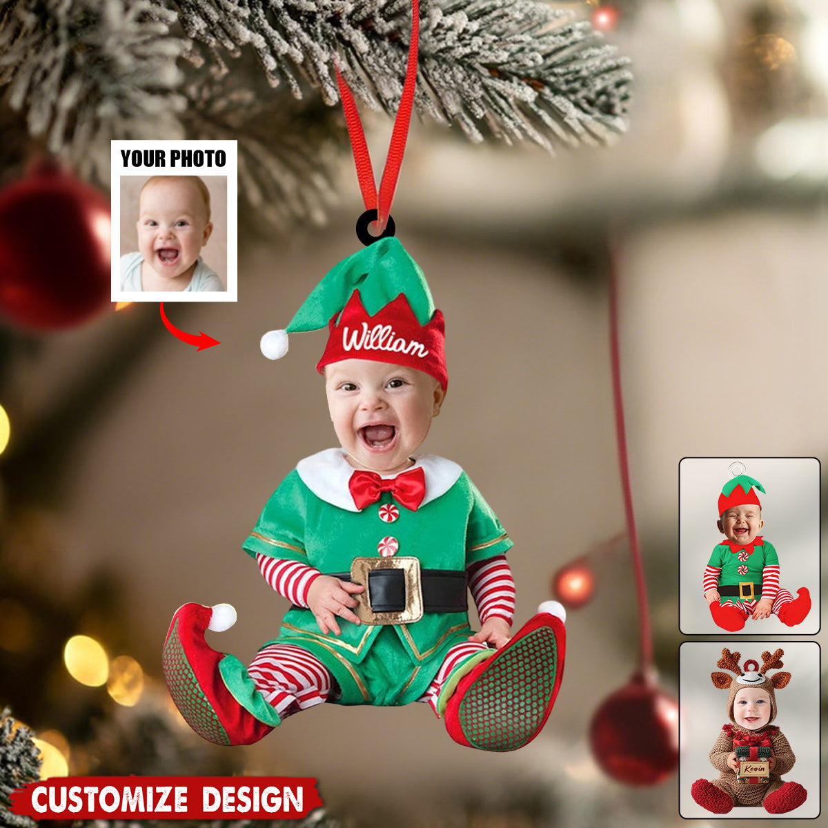Adorable Newborn Baby Elf - Personalized Babys Photo Christmas Ornament - Gift For Baby