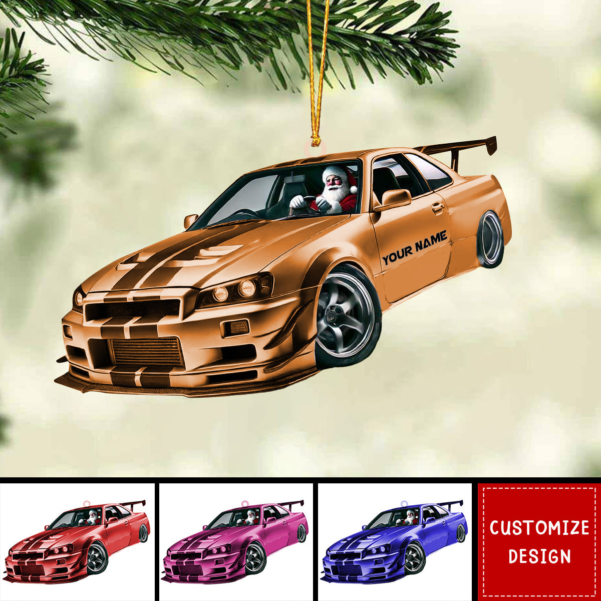 Personalized Racing Car Christmas Ornament, Santa Driving Sports Car - 2024 New Release