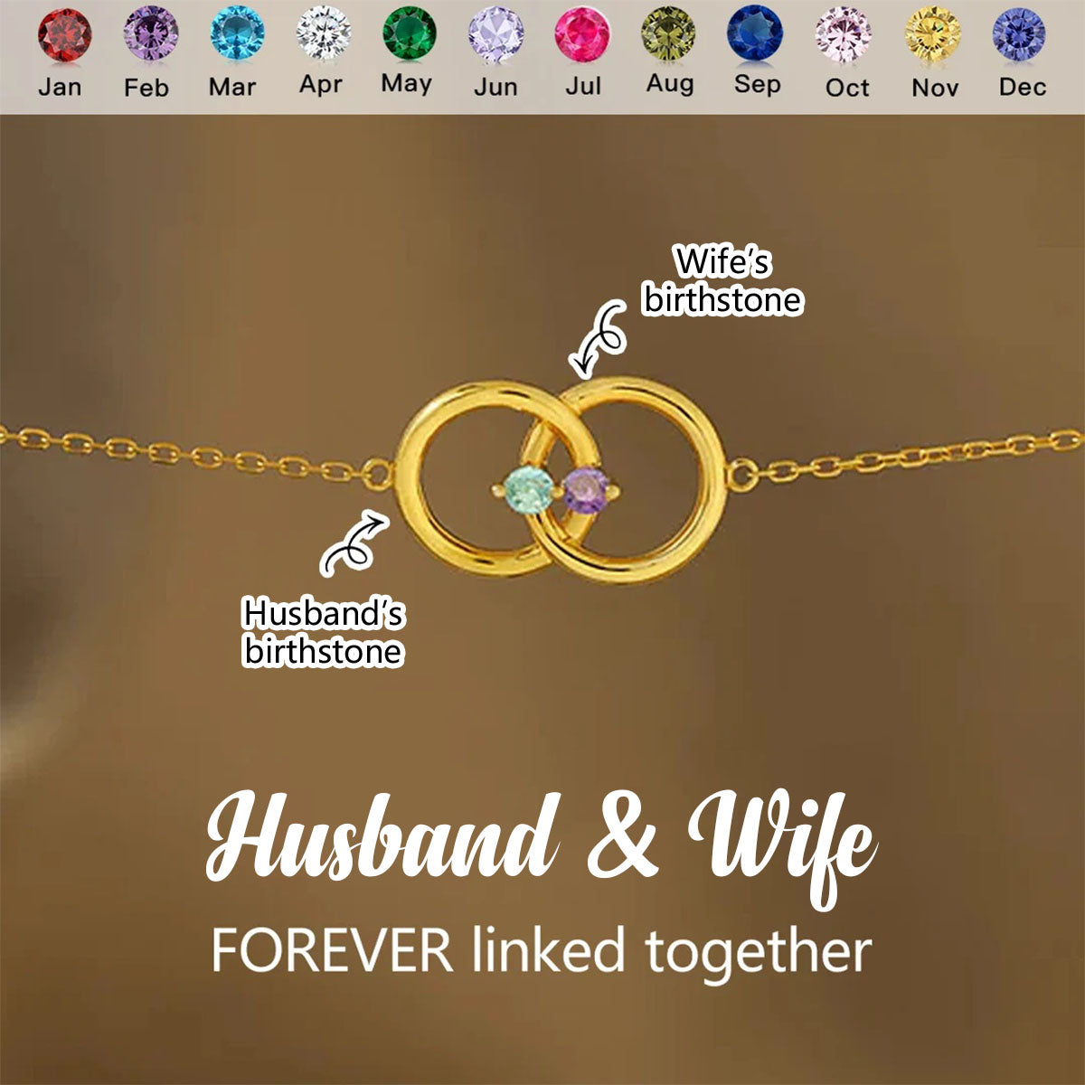 Personalized Husband & Wife Linked From the Heart Two Birthstones Interlocking Bracelet