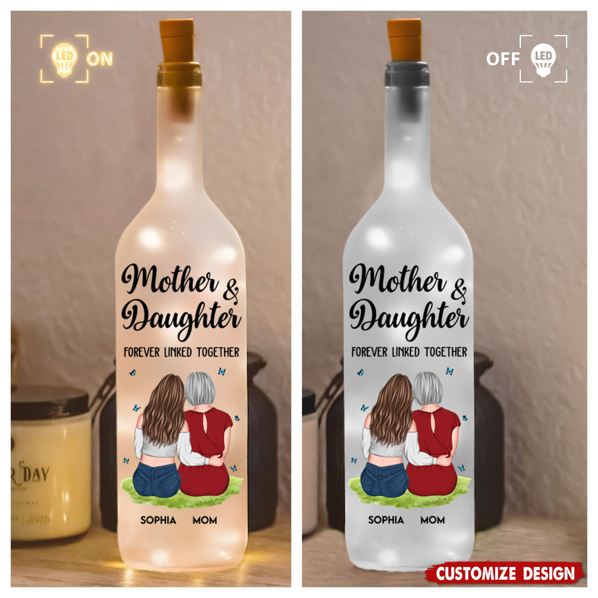 Mother And Daughter Forever Linked Together - Personalized Bottle Lamp